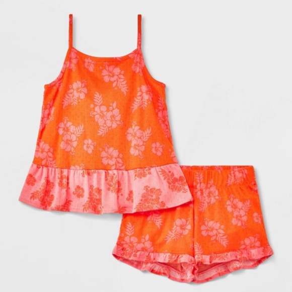 Girls 2pc Floral Ruffle Tank Top shorts Pajama Set Orange Pink - Picture 5 of 5